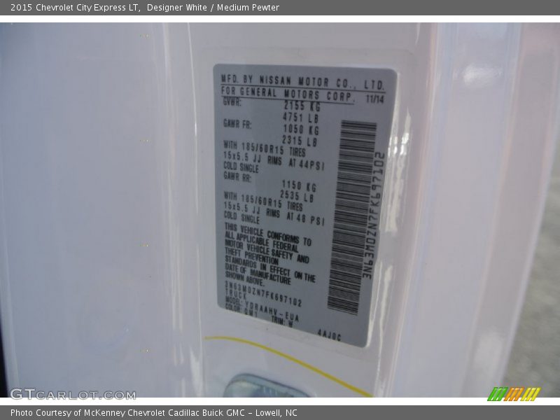 Designer White / Medium Pewter 2015 Chevrolet City Express LT