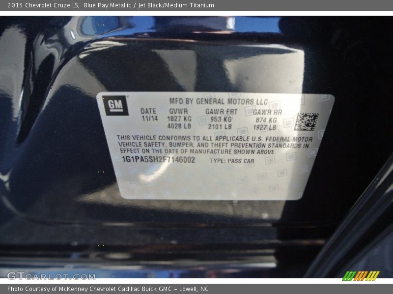 Blue Ray Metallic / Jet Black/Medium Titanium 2015 Chevrolet Cruze LS