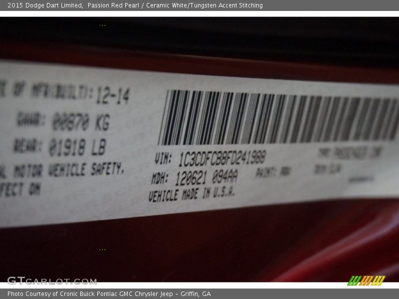 Passion Red Pearl / Ceramic White/Tungsten Accent Stitching 2015 Dodge Dart Limited