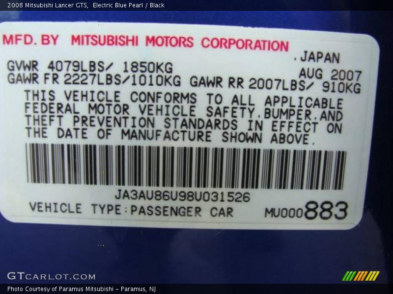 Electric Blue Pearl / Black 2008 Mitsubishi Lancer GTS