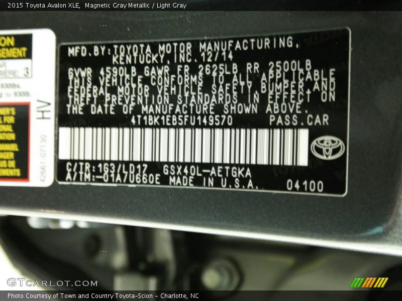 2015 Avalon XLE Magnetic Gray Metallic Color Code 1G3