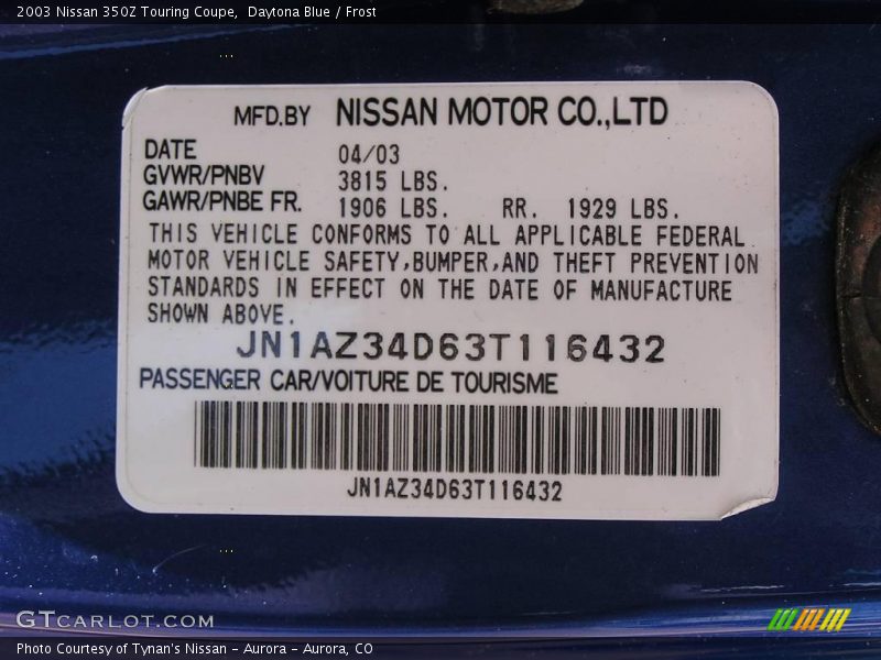 Daytona Blue / Frost 2003 Nissan 350Z Touring Coupe