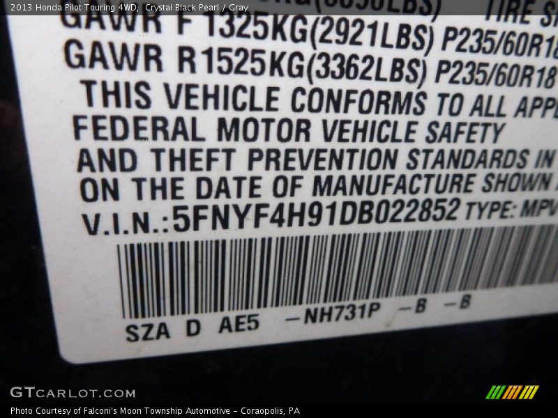 Crystal Black Pearl / Gray 2013 Honda Pilot Touring 4WD