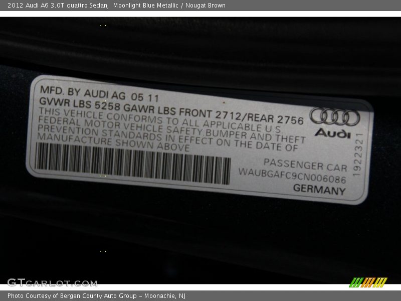 Moonlight Blue Metallic / Nougat Brown 2012 Audi A6 3.0T quattro Sedan