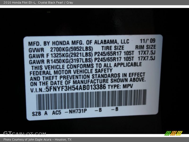 Crystal Black Pearl / Gray 2010 Honda Pilot EX-L
