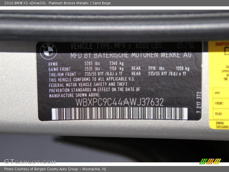 Platinum Bronze Metallic / Sand Beige 2010 BMW X3 xDrive30i