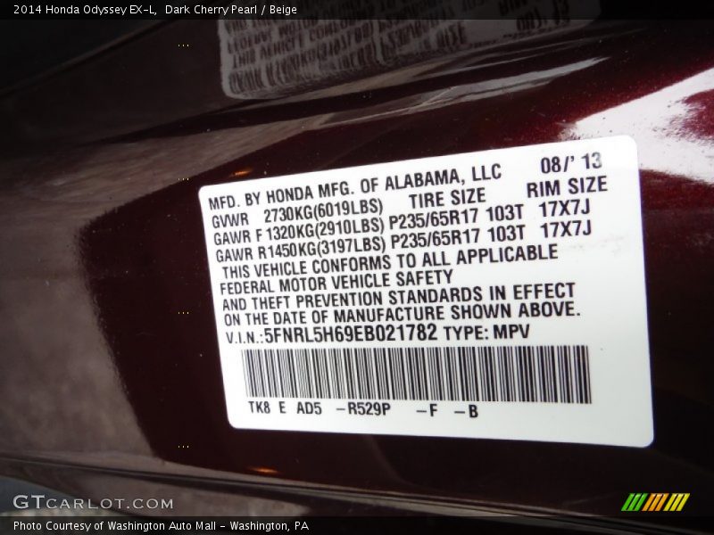 Dark Cherry Pearl / Beige 2014 Honda Odyssey EX-L