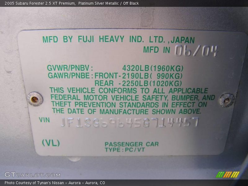 Platinum Silver Metallic / Off Black 2005 Subaru Forester 2.5 XT Premium