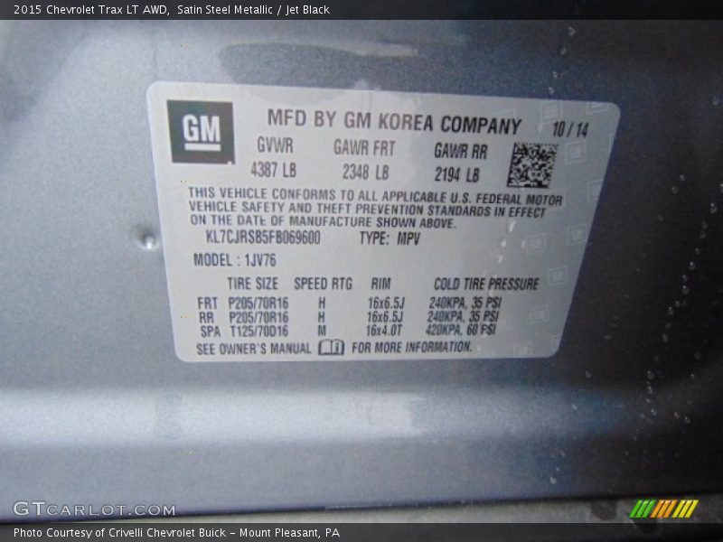 Satin Steel Metallic / Jet Black 2015 Chevrolet Trax LT AWD