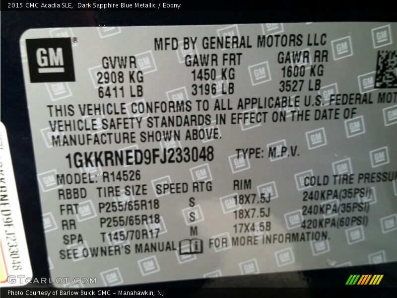 Dark Sapphire Blue Metallic / Ebony 2015 GMC Acadia SLE
