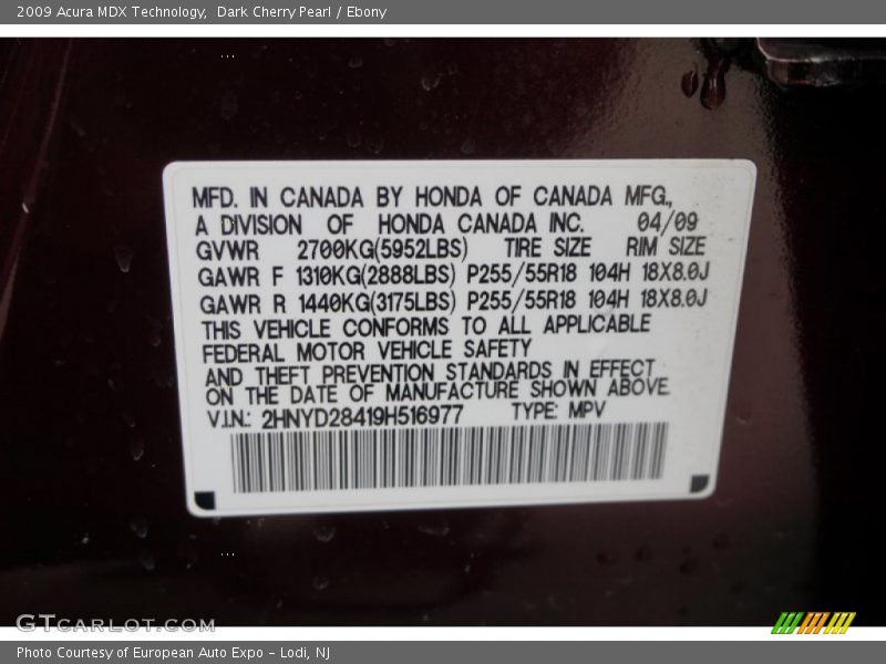 Dark Cherry Pearl / Ebony 2009 Acura MDX Technology
