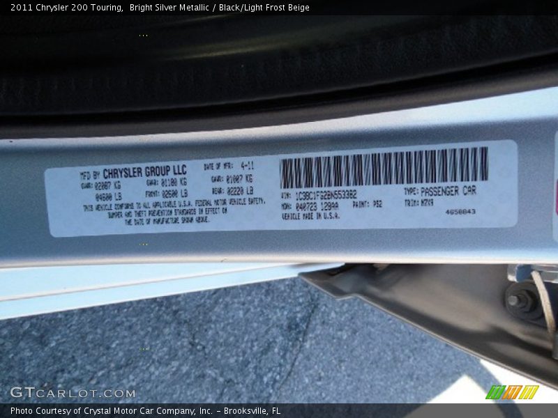 Bright Silver Metallic / Black/Light Frost Beige 2011 Chrysler 200 Touring