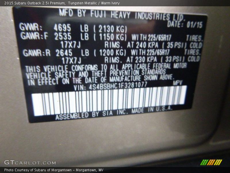 Tungsten Metallic / Warm Ivory 2015 Subaru Outback 2.5i Premium