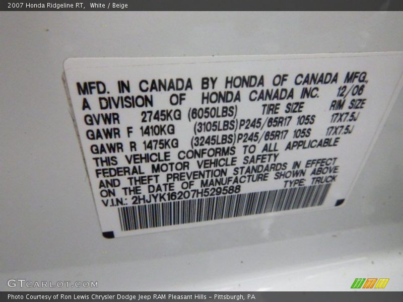 White / Beige 2007 Honda Ridgeline RT