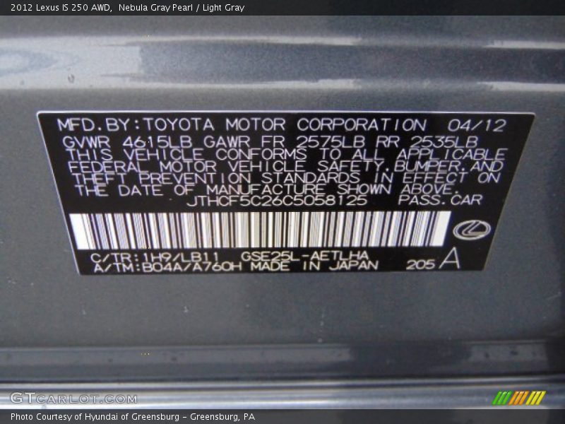 Nebula Gray Pearl / Light Gray 2012 Lexus IS 250 AWD