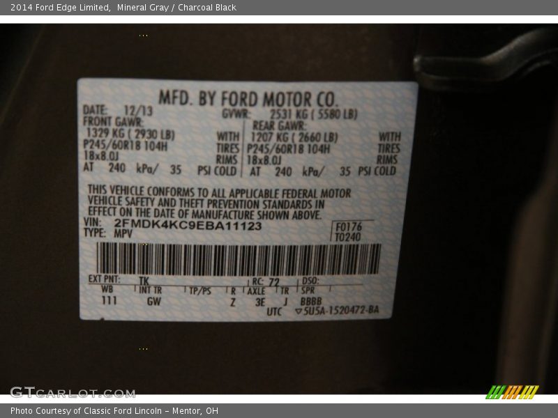 Mineral Gray / Charcoal Black 2014 Ford Edge Limited