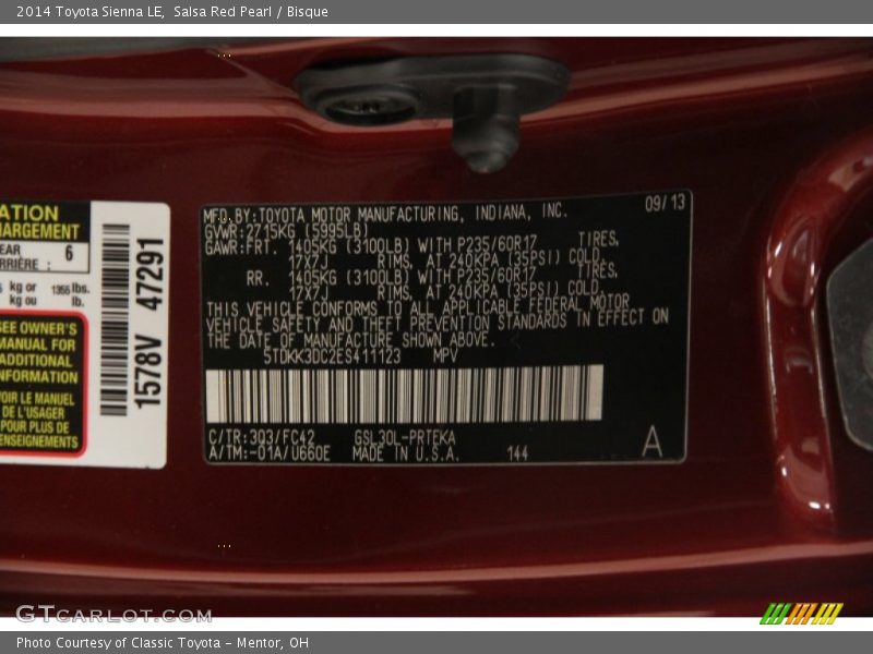 Salsa Red Pearl / Bisque 2014 Toyota Sienna LE