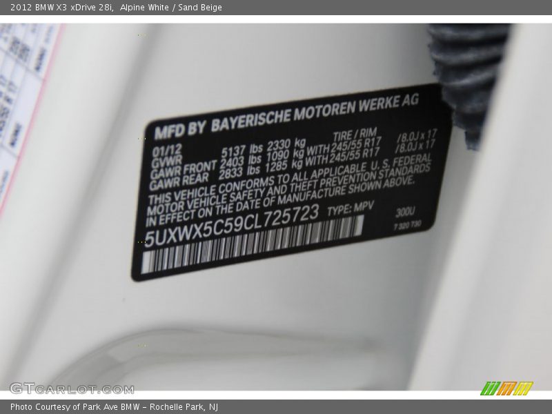 Alpine White / Sand Beige 2012 BMW X3 xDrive 28i