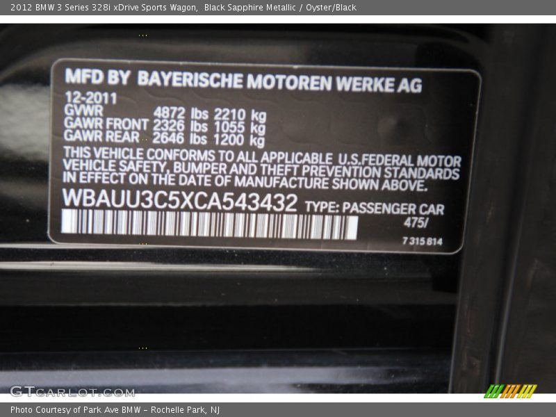 2012 3 Series 328i xDrive Sports Wagon Black Sapphire Metallic Color Code 475