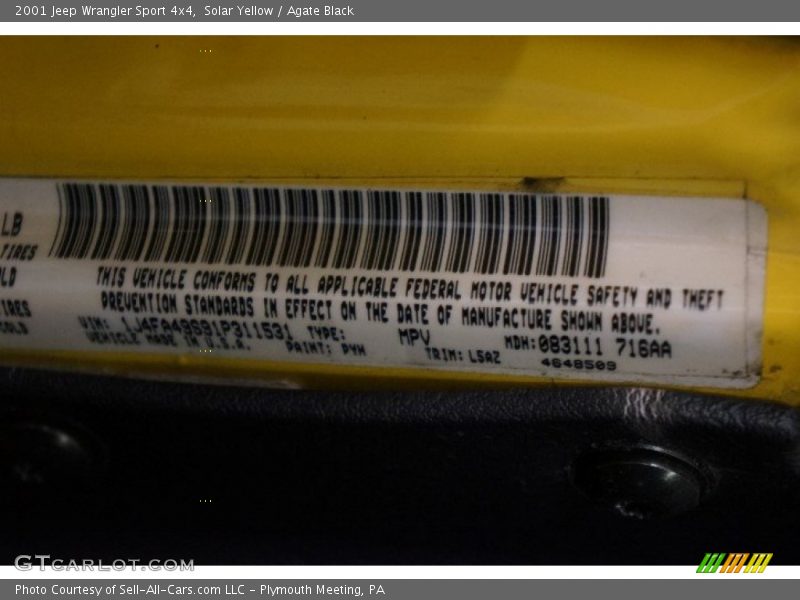 2001 Wrangler Sport 4x4 Solar Yellow Color Code PYN