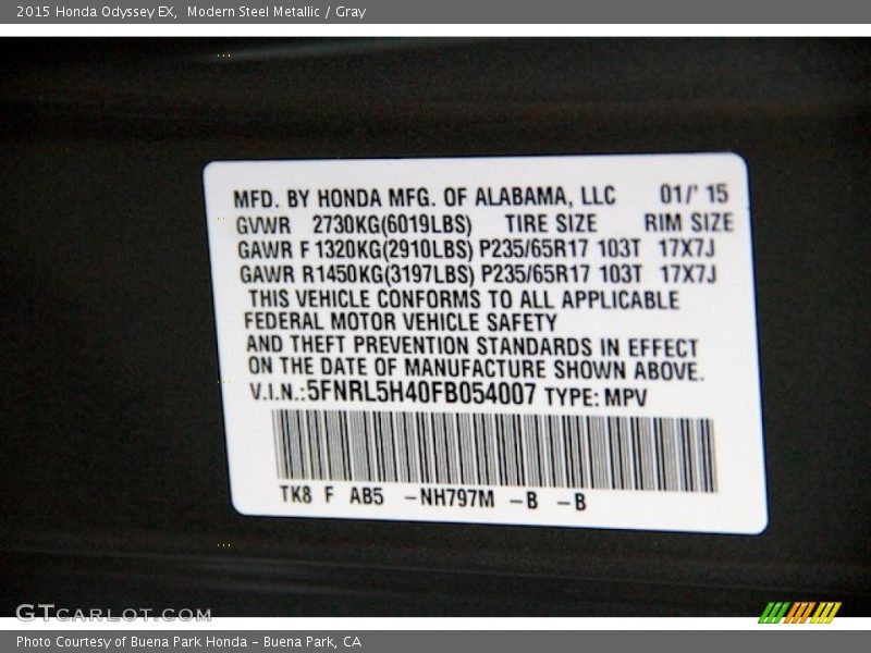 Modern Steel Metallic / Gray 2015 Honda Odyssey EX