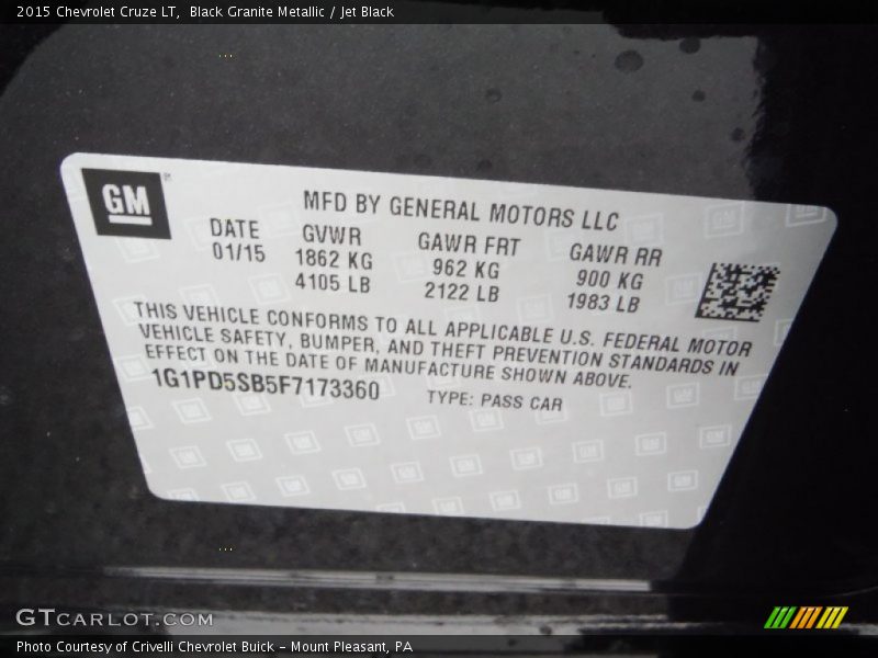Black Granite Metallic / Jet Black 2015 Chevrolet Cruze LT
