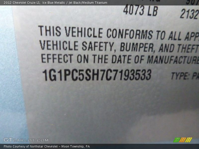 Ice Blue Metallic / Jet Black/Medium Titanium 2012 Chevrolet Cruze LS