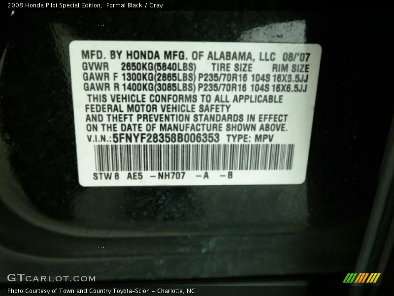 Formal Black / Gray 2008 Honda Pilot Special Edition