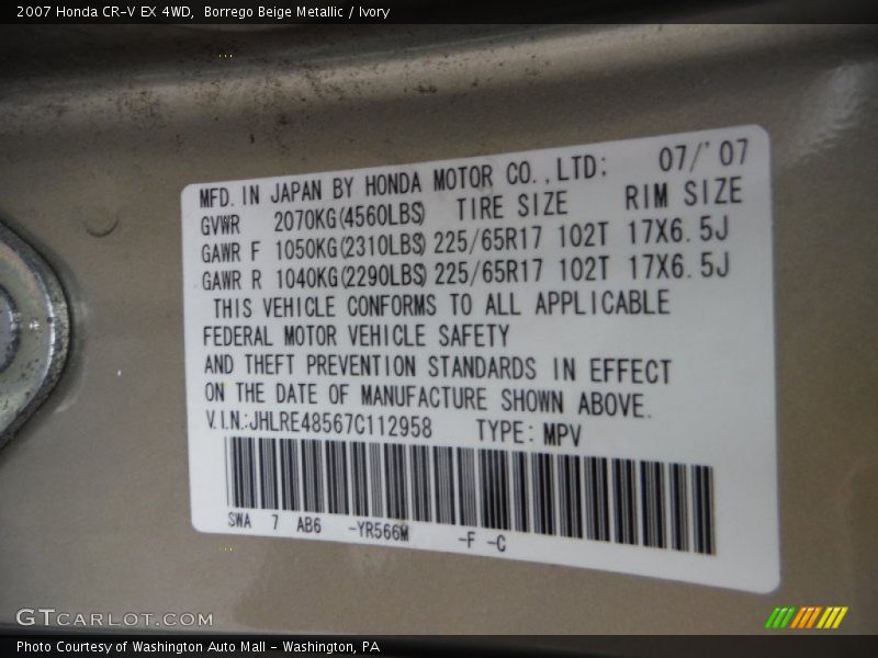 Borrego Beige Metallic / Ivory 2007 Honda CR-V EX 4WD