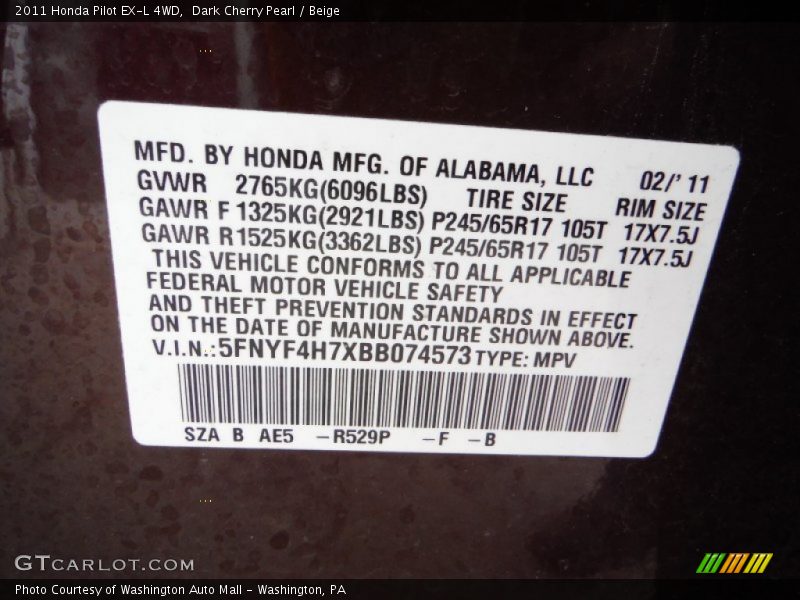 Dark Cherry Pearl / Beige 2011 Honda Pilot EX-L 4WD