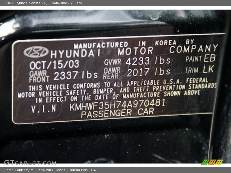 Ebony Black / Black 2004 Hyundai Sonata V6