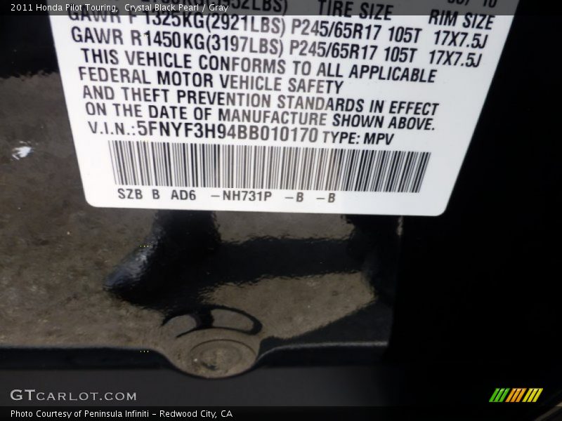 Crystal Black Pearl / Gray 2011 Honda Pilot Touring