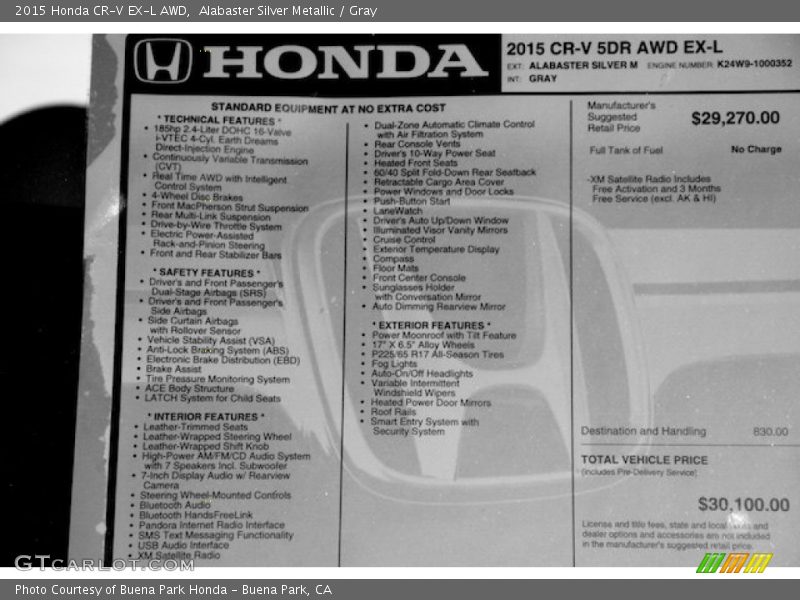 Alabaster Silver Metallic / Gray 2015 Honda CR-V EX-L AWD