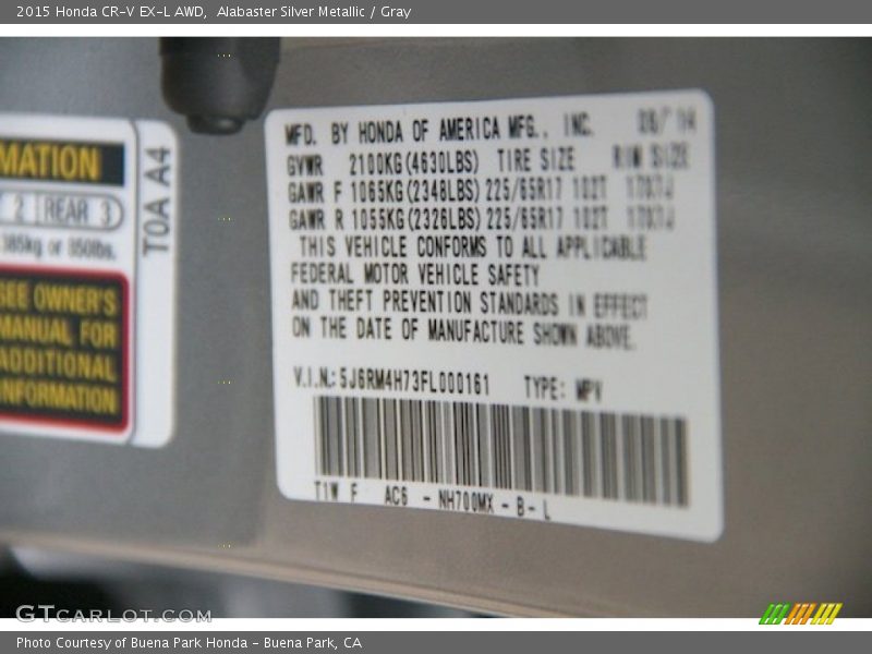 Alabaster Silver Metallic / Gray 2015 Honda CR-V EX-L AWD
