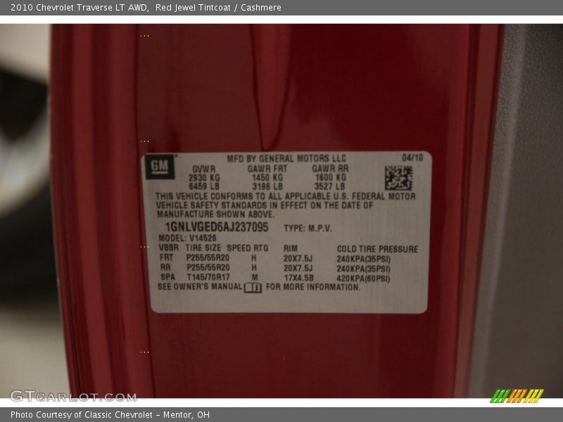 Red Jewel Tintcoat / Cashmere 2010 Chevrolet Traverse LT AWD