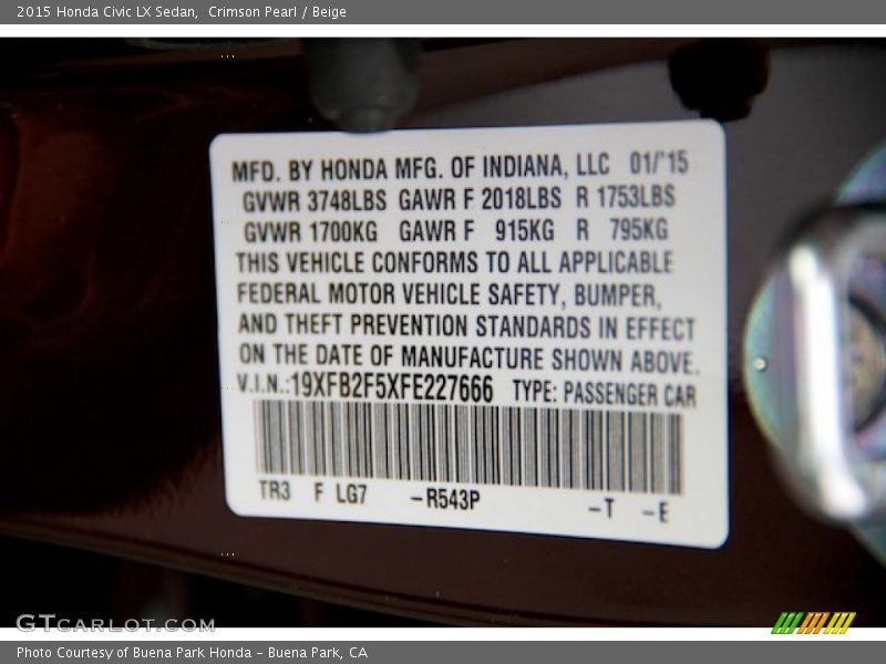 Crimson Pearl / Beige 2015 Honda Civic LX Sedan