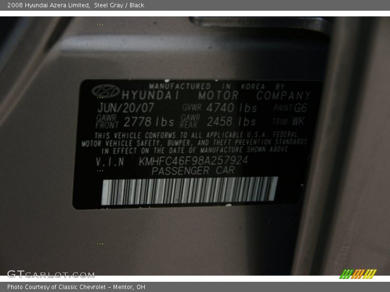 Steel Gray / Black 2008 Hyundai Azera Limited