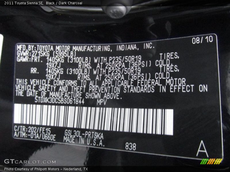 Black / Dark Charcoal 2011 Toyota Sienna SE