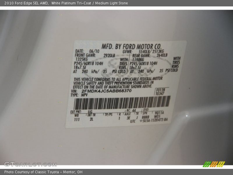 White Platinum Tri-Coat / Medium Light Stone 2010 Ford Edge SEL AWD
