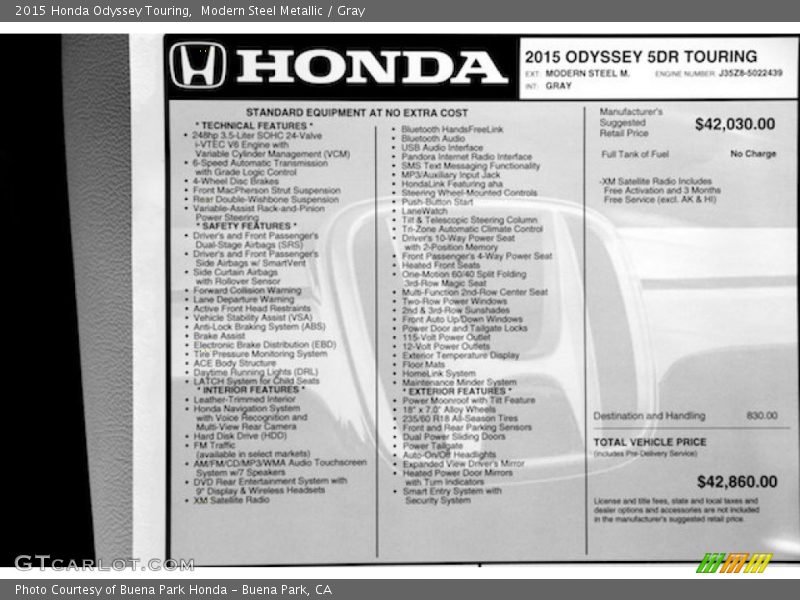 Modern Steel Metallic / Gray 2015 Honda Odyssey Touring