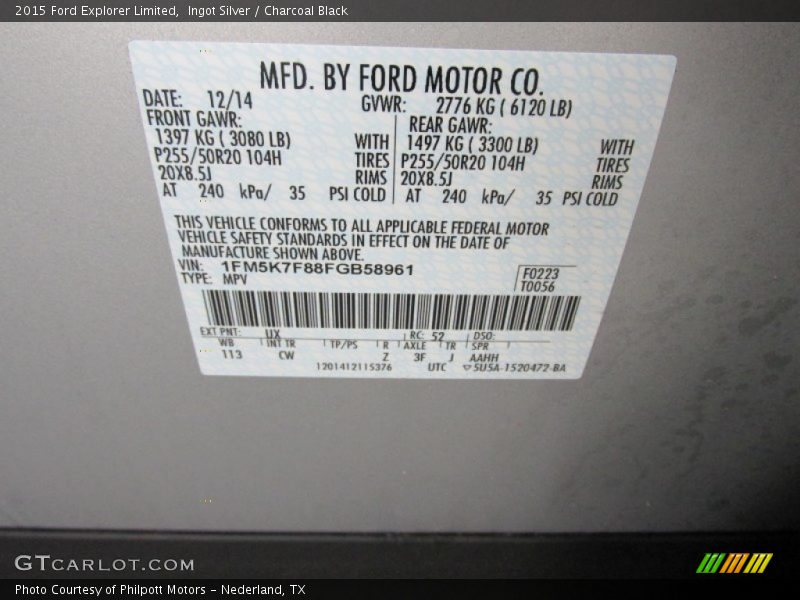 Ingot Silver / Charcoal Black 2015 Ford Explorer Limited