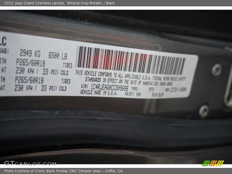 Mineral Gray Metallic / Black 2012 Jeep Grand Cherokee Laredo