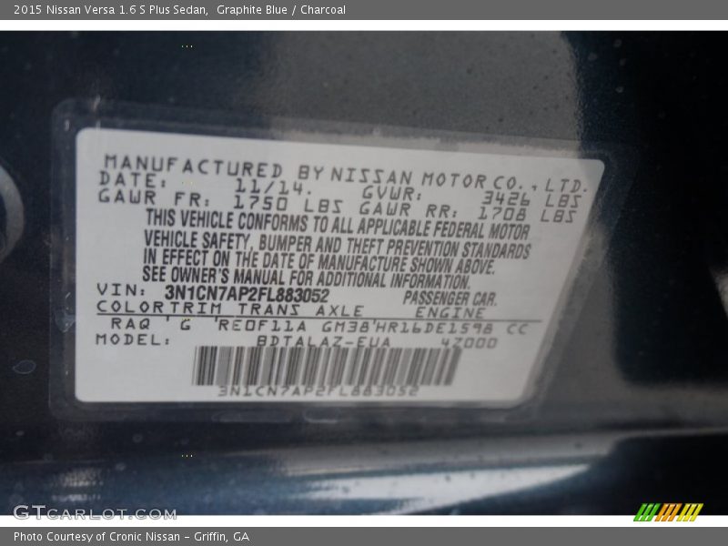 Graphite Blue / Charcoal 2015 Nissan Versa 1.6 S Plus Sedan