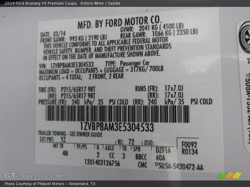 Oxford White / Saddle 2014 Ford Mustang V6 Premium Coupe