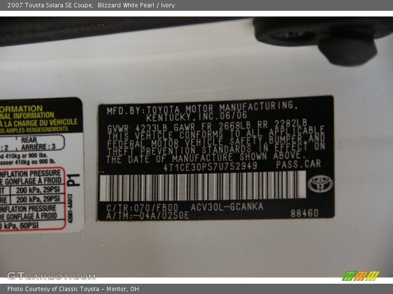 Blizzard White Pearl / Ivory 2007 Toyota Solara SE Coupe