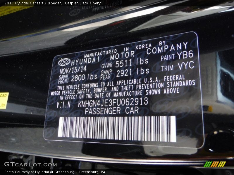 Caspian Black / Ivory 2015 Hyundai Genesis 3.8 Sedan
