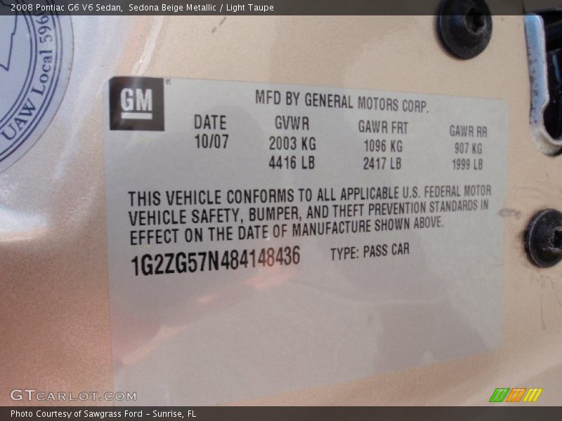Sedona Beige Metallic / Light Taupe 2008 Pontiac G6 V6 Sedan