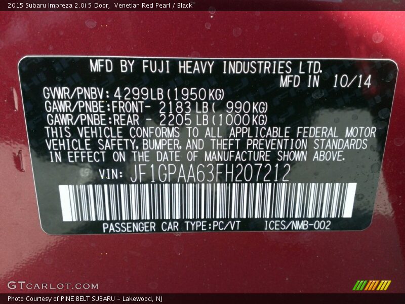Venetian Red Pearl / Black 2015 Subaru Impreza 2.0i 5 Door