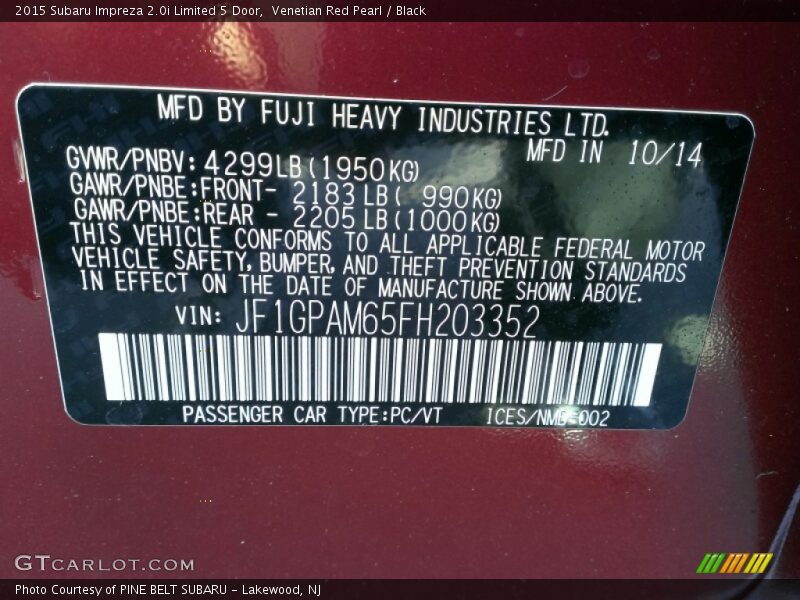 Venetian Red Pearl / Black 2015 Subaru Impreza 2.0i Limited 5 Door