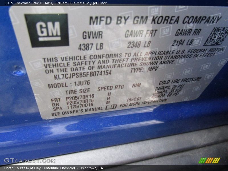 Brilliant Blue Metallic / Jet Black 2015 Chevrolet Trax LS AWD